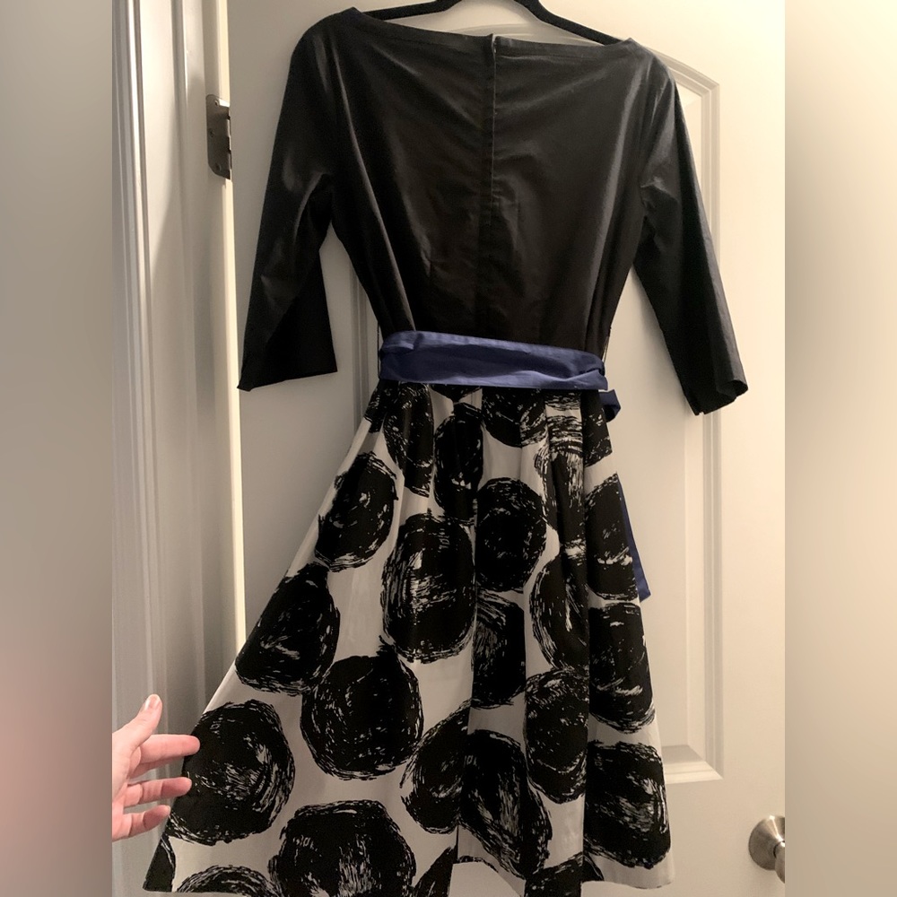 Maeve by Anthropologie Cocktail Dress Black / Creamy White / Royal Blue Sash Sz6 - Picture 2 of 11